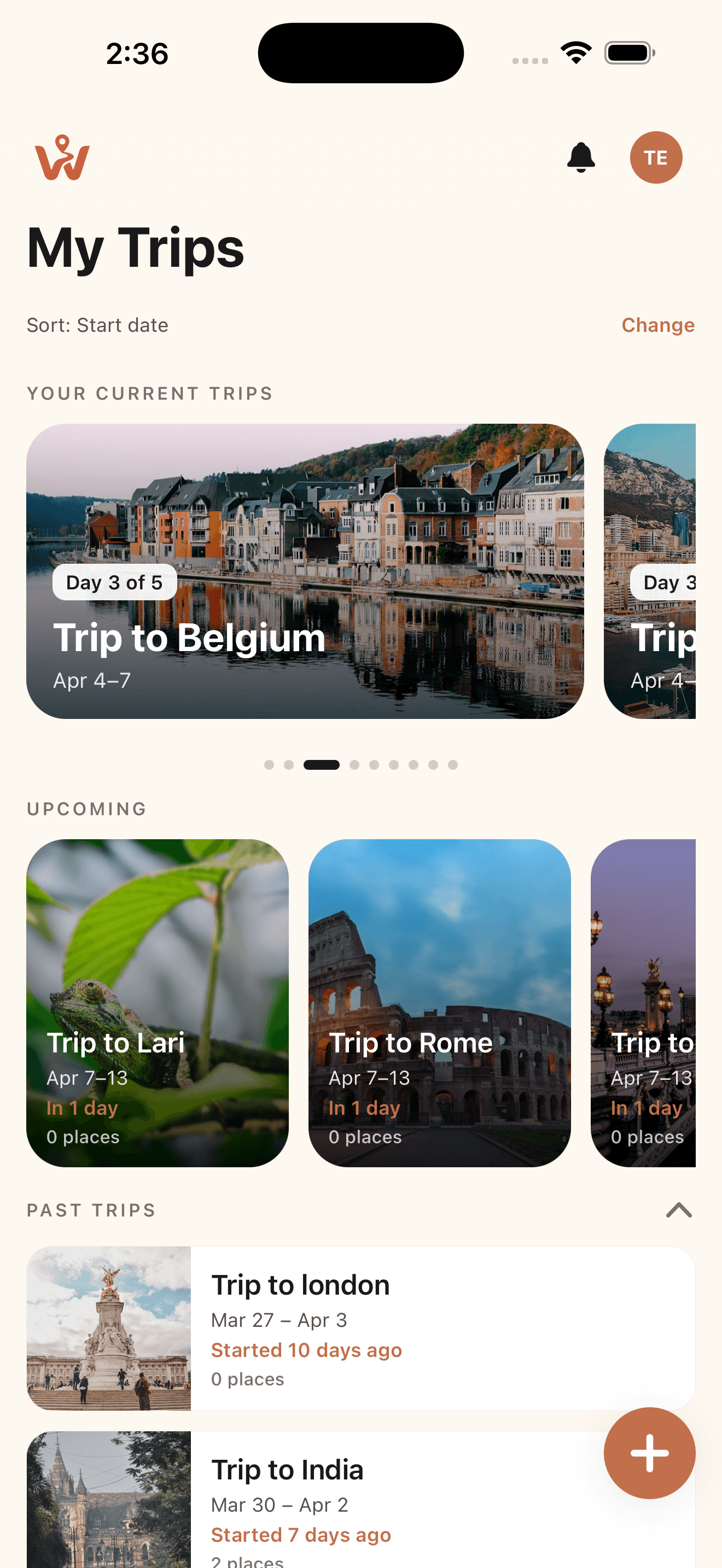 Wayfind app: My Trips